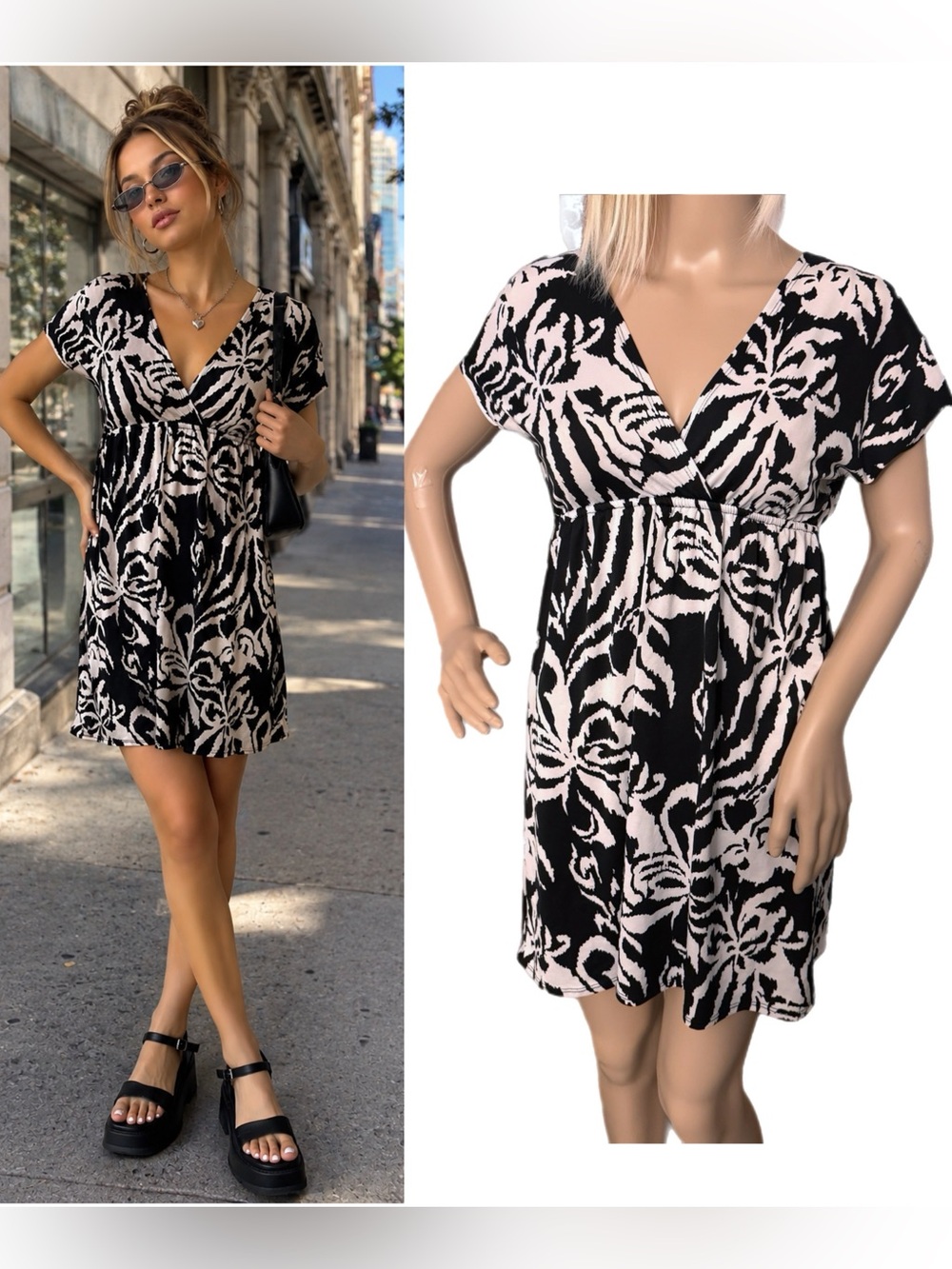 L8ter Y2K Black & White Faux Wrap Empire Waist Mini Dress Women’s Small Stretch